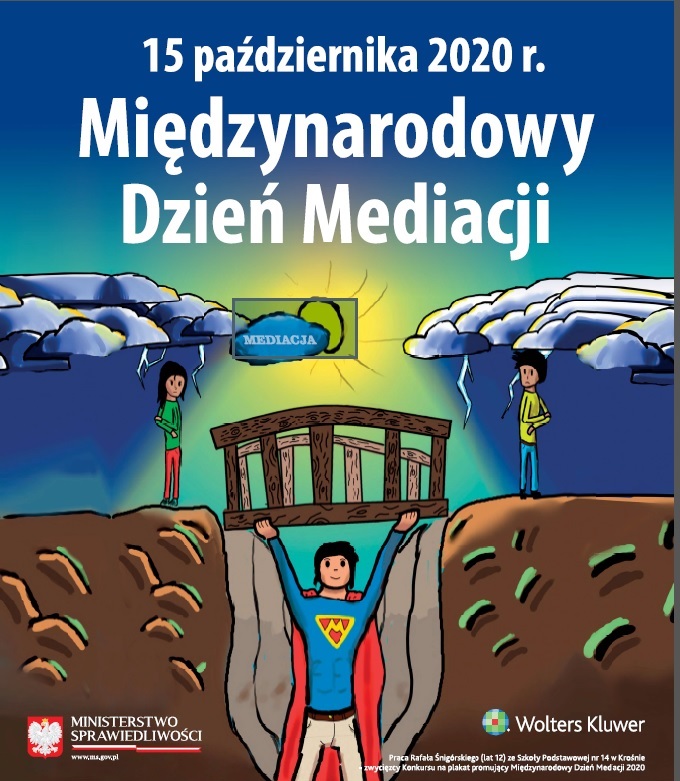 Plakat dotyczący Międzynarodowego Dnia Mediacji 2020, który odbędzie się 15 października 2020 r.