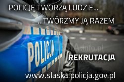Policyjny radiowóz i tekst: &quot;Policję tworzą ludzie... twórzmy ją razem&quot;. 
Rekrutacja. 
www.slaska.policja.gov.pl