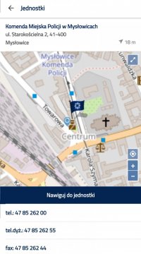 zrzut ekranu z telefonu z aplikacji &quot;Śląska Policja&quot; przedstawiający dane kontaktowe Komendy Miejskiej Policji w Mysłowicach.