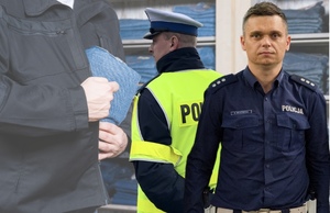 grafika przedstawia wizerunek dwóch policjantów, w tle widoczna osoba chowająca spodnie pod kurtkę w sklepie